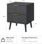 CARPETNAL Fluted Nightstand Set of 2, Black Bedside Table with 2 Drawers and Gold Handles, Wood End Table Mid Century Night Stands for Bedroom Living Room