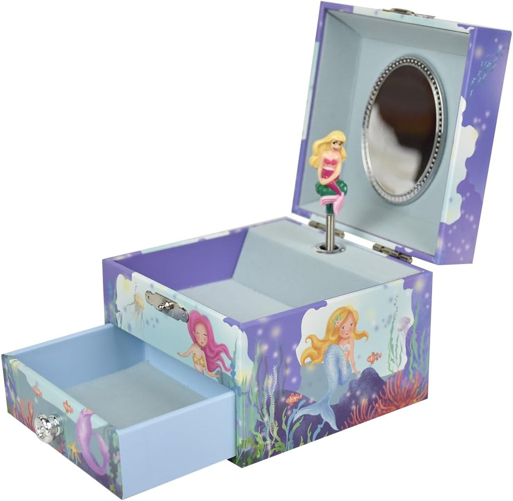 Mermaid Music Box for Girls - Little Mermaid Jewelry Box with Rotating Figurine, Storage Drawer, & Beautiful Dreamer Melody | Ocean Theme Design, 4.13x4.13x3.35 Inches | Musical Jewelry Box