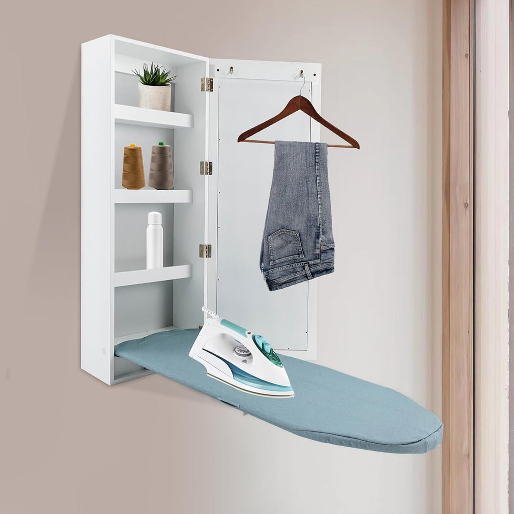 Wall Mounted Ironing Board with Storage Cabinet Built in Swivel Ironing Board with 3Tier Shelf & Dressing Mirror for Home Apartment & Small Spaces