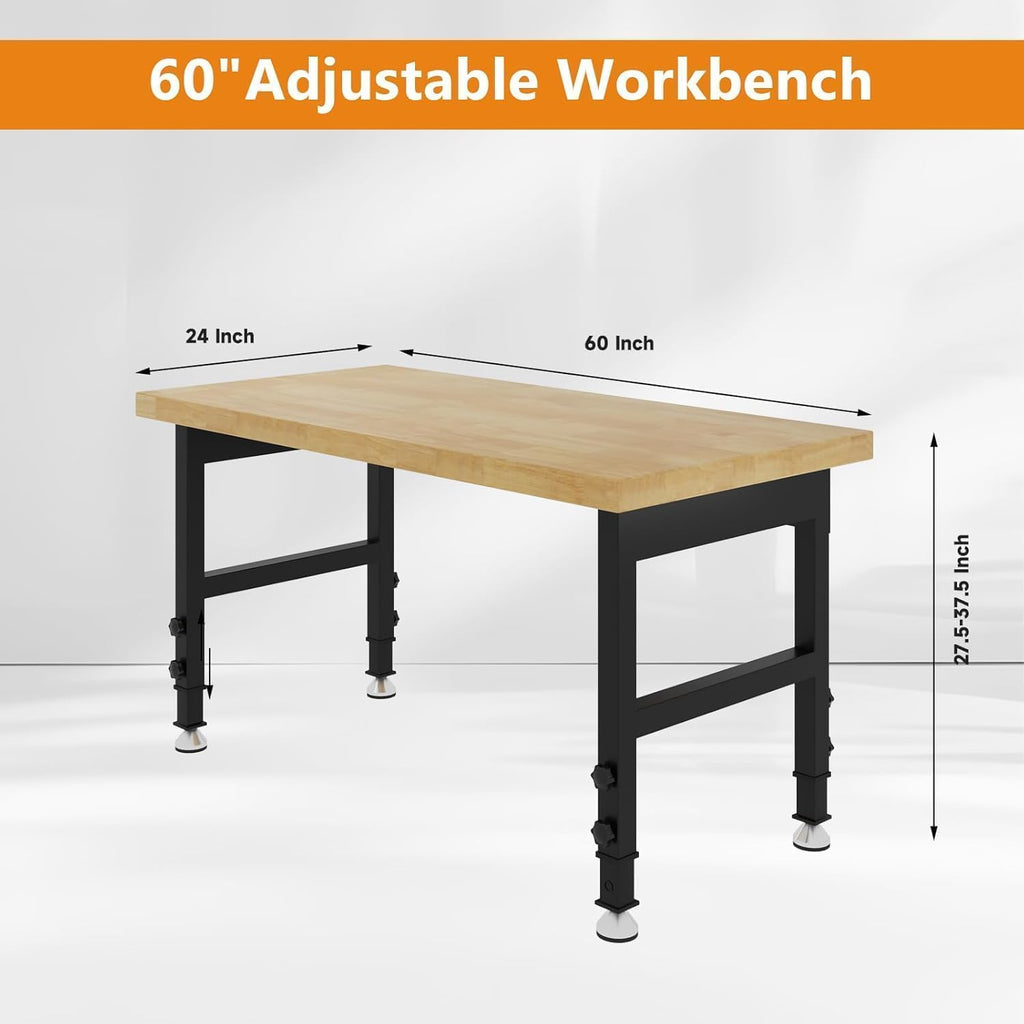 60" Adjustable Height Work Bench, Heavy-Duty Thicker Workbench, 2000 LBS Load Capacity Work Table for Garage, Workshop, Office, Home