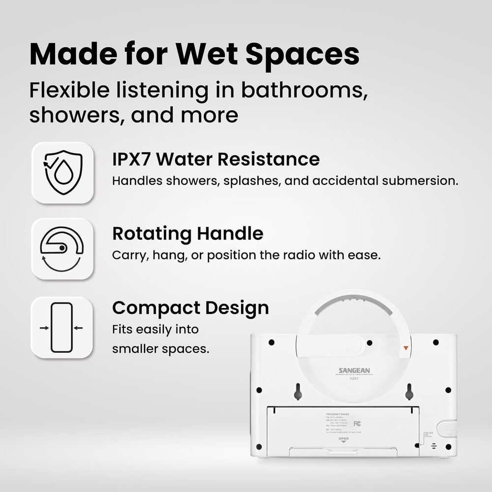 Sangean H201 Waterproof AM/FM Shower Radio with NOAA Weather Alert
