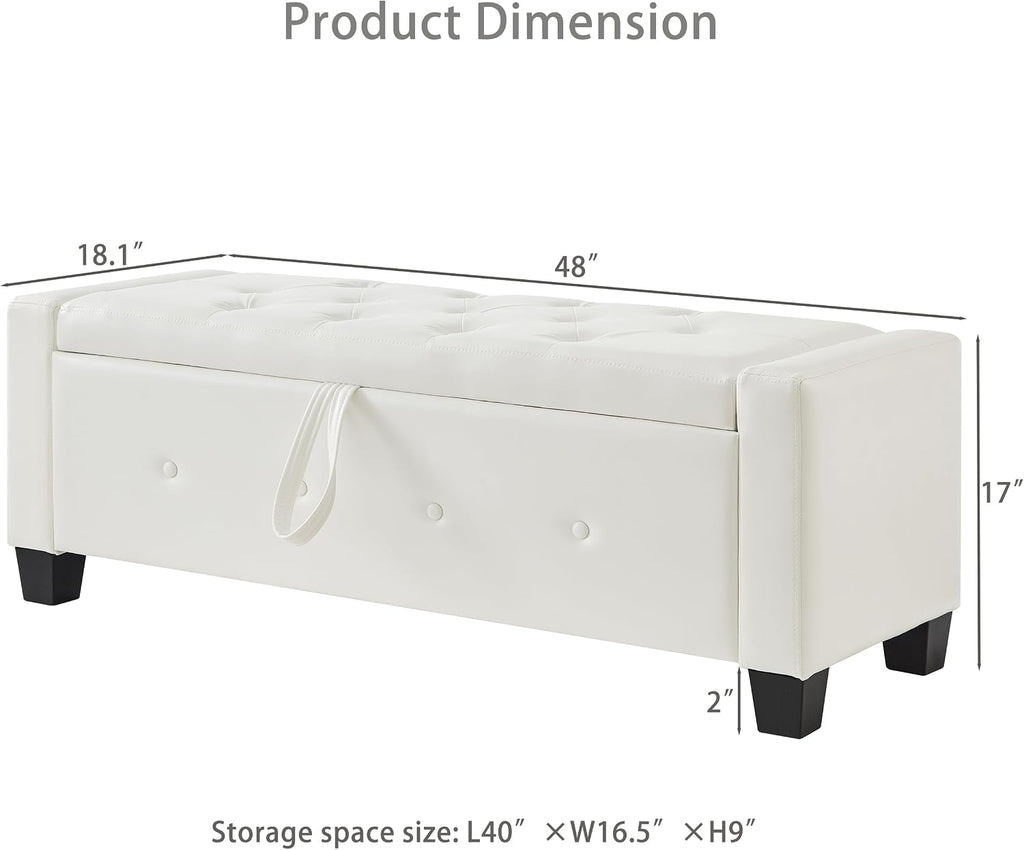 48" Storage Ottoman Bench, Ivory White | Faux Leather, Lift Top, For Living Room & Bed End, Upholstered Tufted PU