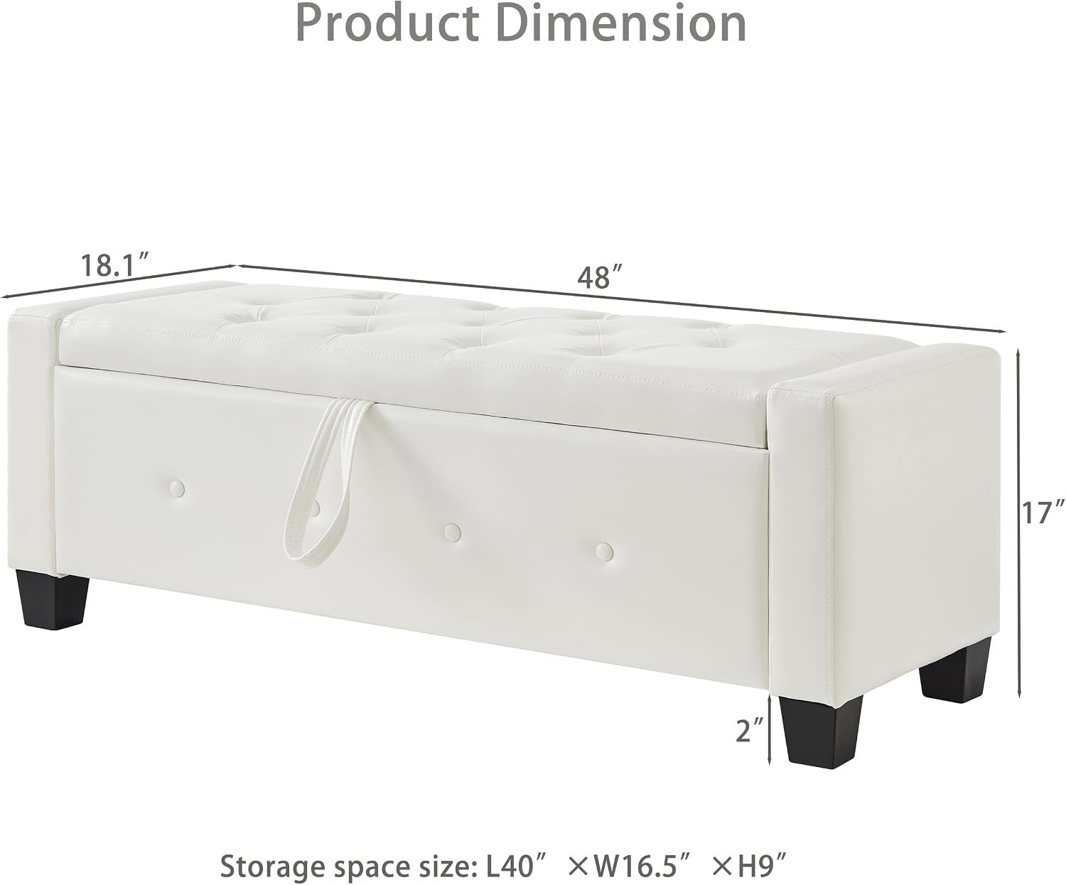 48" Storage Ottoman Bench, Ivory White | Faux Leather, Lift Top, For Living Room & Bed End, Upholstered Tufted PU