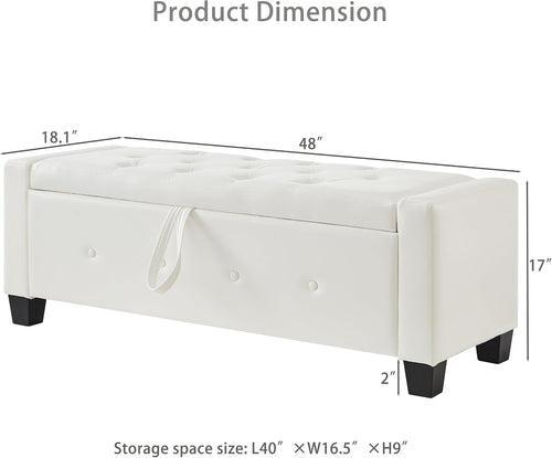 48" Storage Ottoman Bench, Ivory White | Faux Leather, Lift Top, For Living Room & Bed End, Upholstered Tufted PU