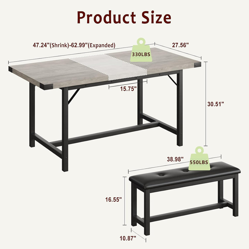 IDEALHOUSE 63" 3 Piece Extendable Dining Table Set for 4-6, Rectangle Wo...