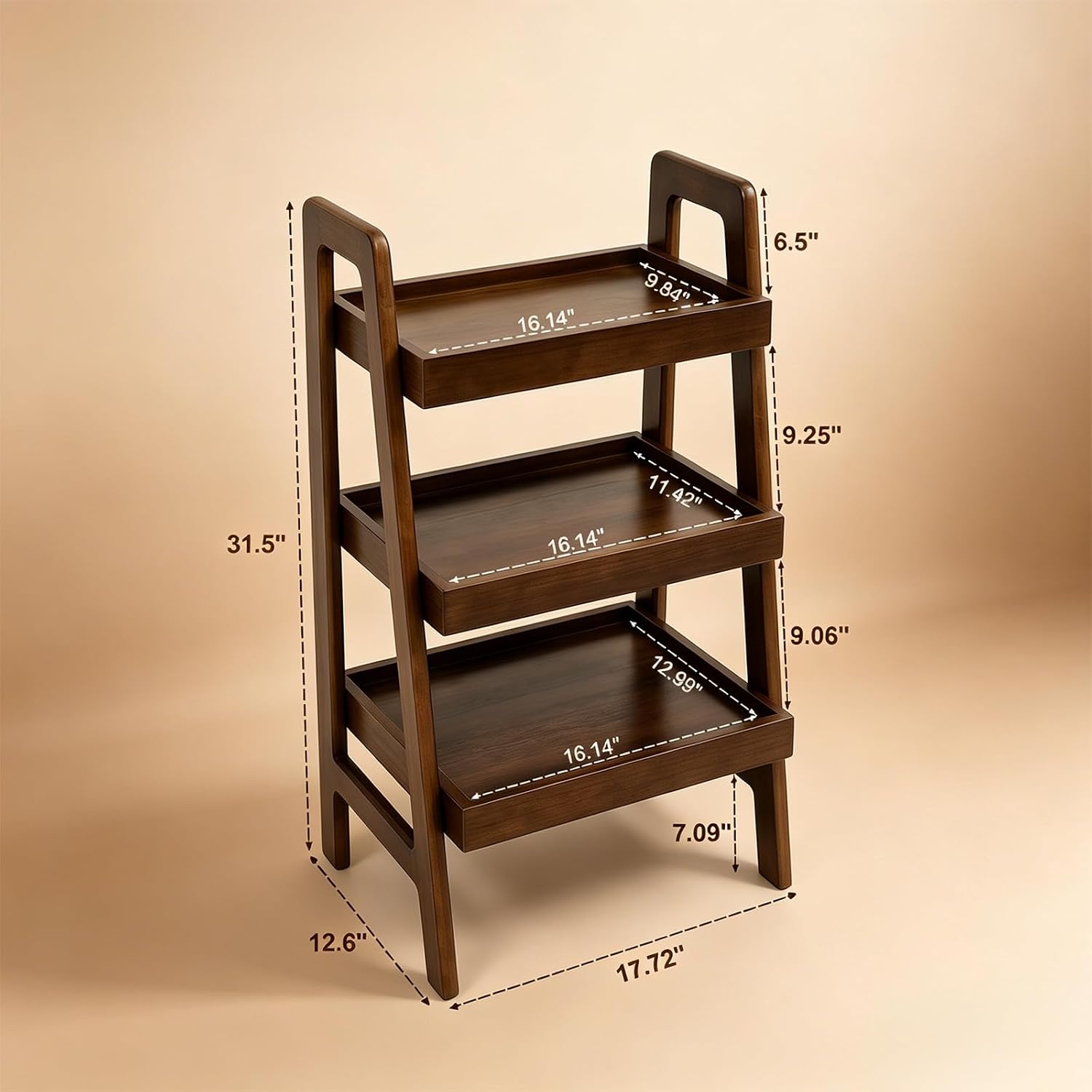 Haotian Solid Wood Ladder Shelf, 3-Tier Walnut Ladder Bookshelf, Small Open Storage Shelf with Anti-Slip Edges, Compact Narrow Bookshelf for Small Spaces, Bedside Table DJ-FRG001