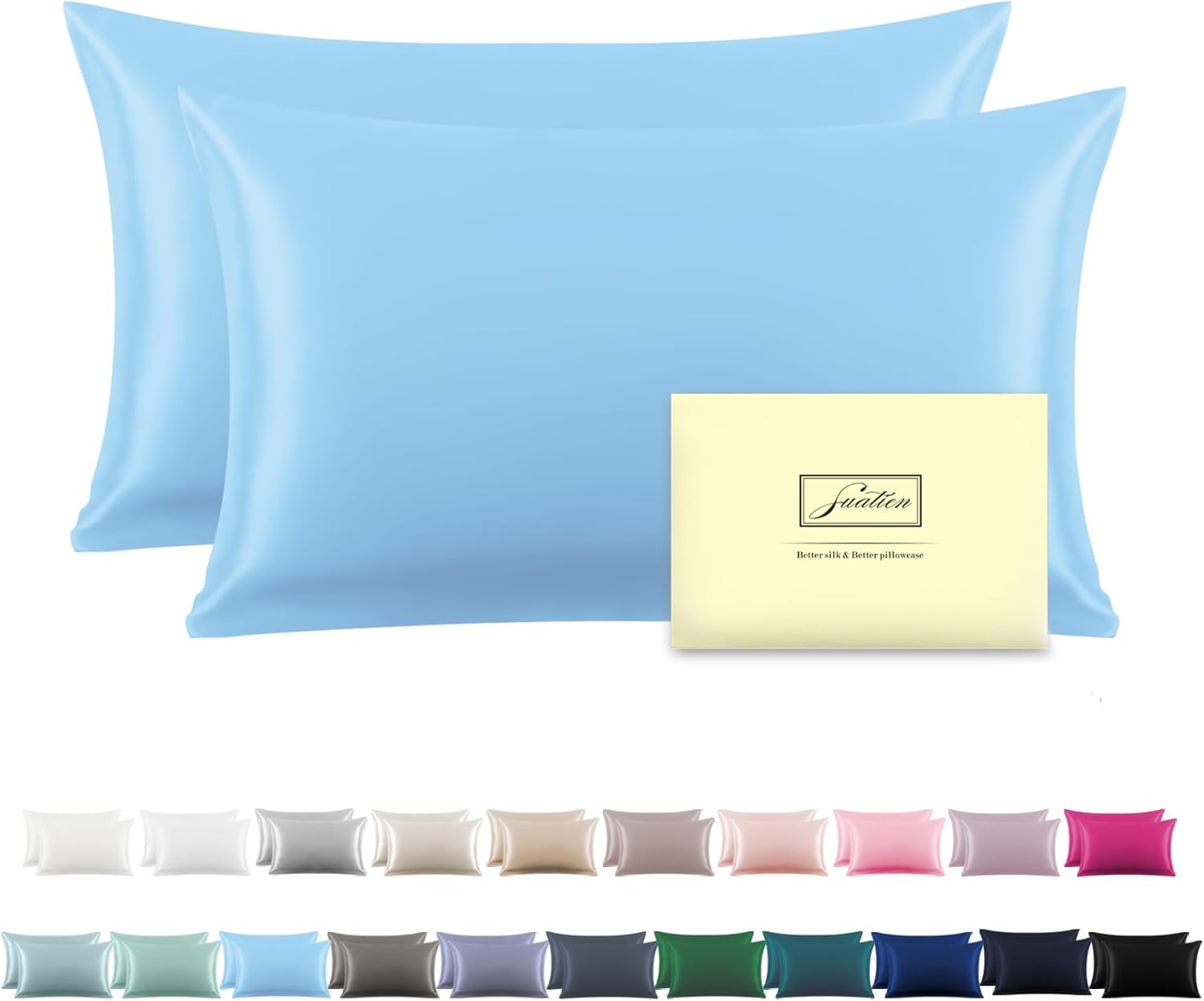 Silk Pillow Cases 2 Pack Soft Breathable and Sliky Standard Size Pillow Cases Set of 2,Natural Mulberry Satin Silk Pillowcase with Hidden Zipper for Hair and Skin (Sky Blue,20"X 26",2pcs)