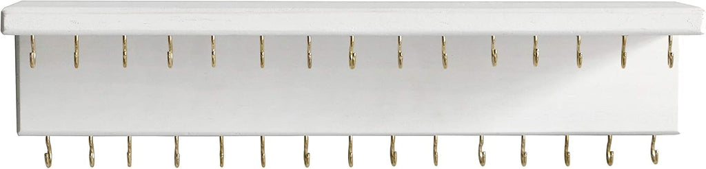 SANY DAYO HOME Jewelry Organizer with 30 Hooks and Cosmetics Shelf, 15 x 3 x 4 inches Wall Mounted Rustic Pine Wood Holder for Necklaces and Bracelets, Suitable for Kids and Adults (Retro White)