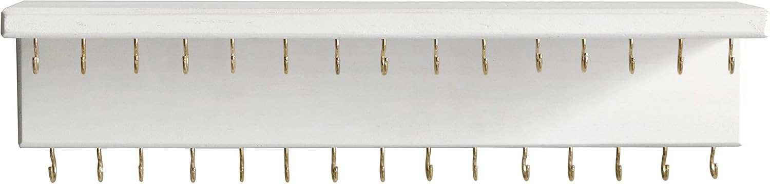 SANY DAYO HOME Jewelry Organizer with 30 Hooks and Cosmetics Shelf, 15 x 3 x 4 inches Wall Mounted Rustic Pine Wood Holder for Necklaces and Bracelets, Suitable for Kids and Adults (Retro White)