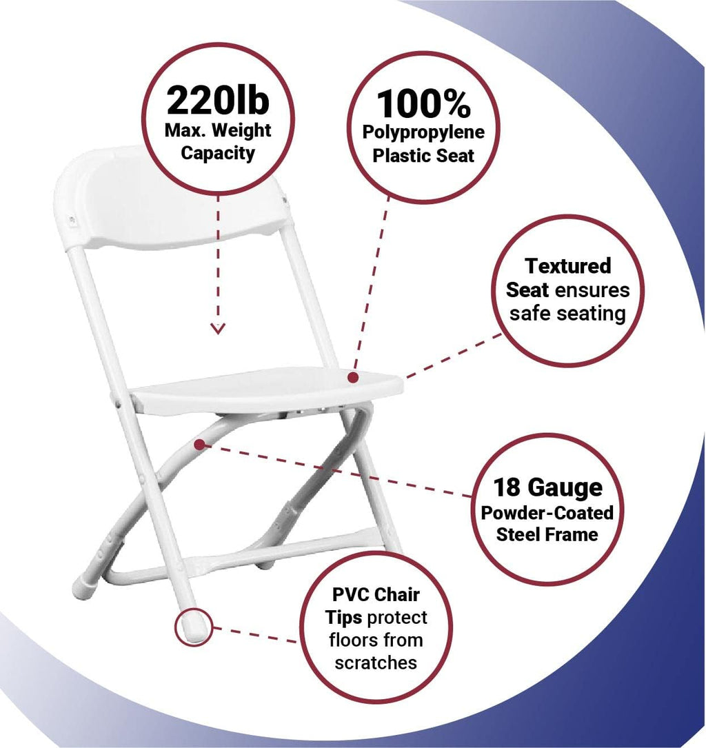 Kids Folding Plastic Chair with Metal Frame, Lightweight Stackable Toddler Chairs for Classroom Table Desk Parties Events Weddings and Home Use, White Pack of 20 Chairs