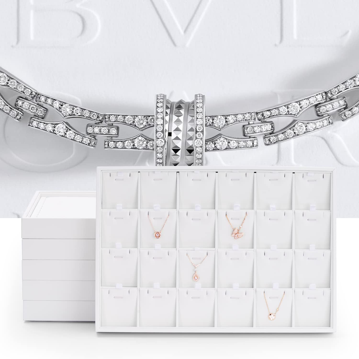 White Jewelry Display Organizer Tray Stackable Premium PU Leather 24 Grid Trinket Earring Ring Organizer Tray