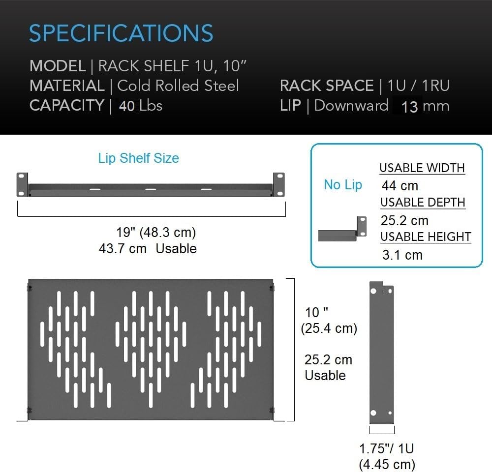 Beiyier 2PCS 1U Universal Server Rack Shelf, 10" Deep Vented Cantilever ...