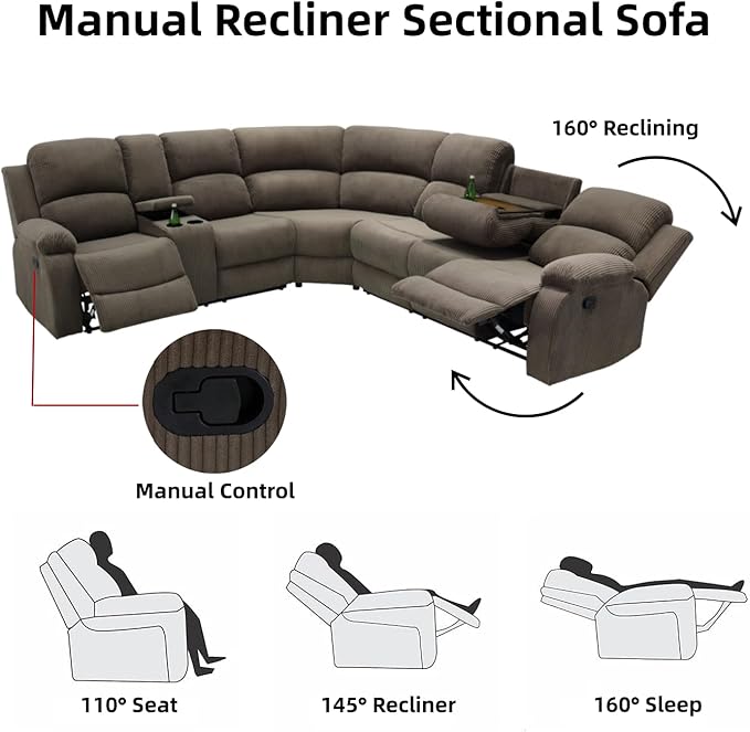Manual Recliner Sectional Sofa Set, L-Shaped Living Room Furniture Sets, Reclining Sectional Corner Couch and 2 Reclining Chairs Set for Home Office (Peanut, Sectional + 2 Chairs)