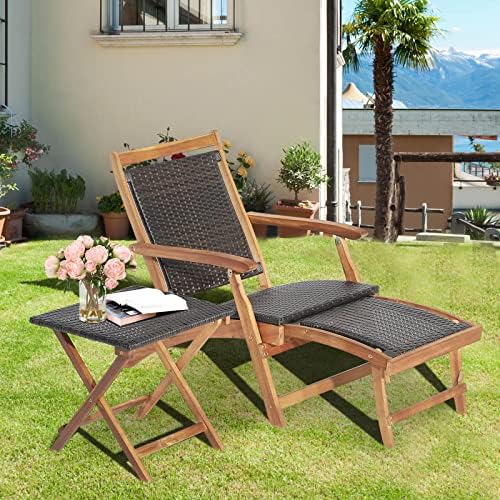 Tangkula Patio Lounge Chair and Side Table Set, Acacia Wood Wicker Folding Ta...