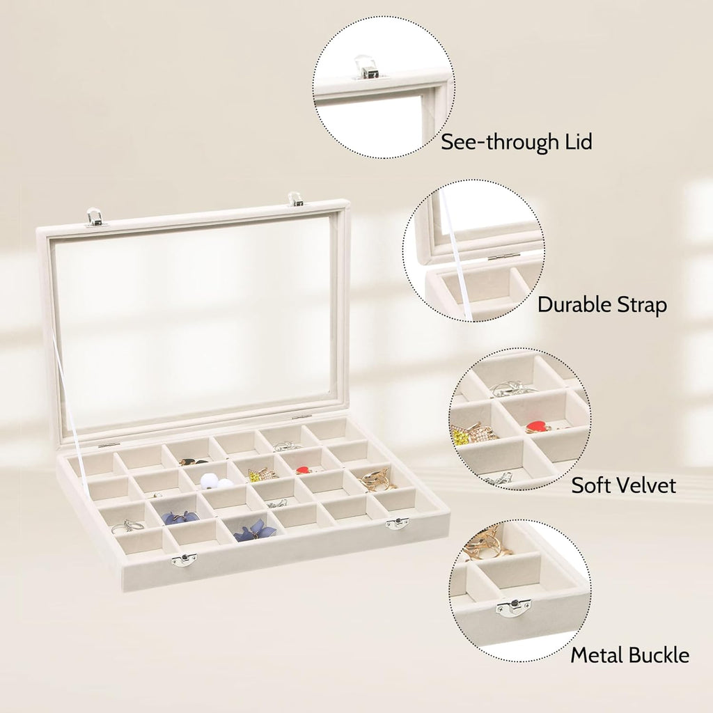 Stratalife Jewelry Organizer Jewelry Tray with Lid See-through Display Showcase Large Earring Organizer Velvet Storage Box for Earring Necklace Rings Dice Beige (24 Grids)