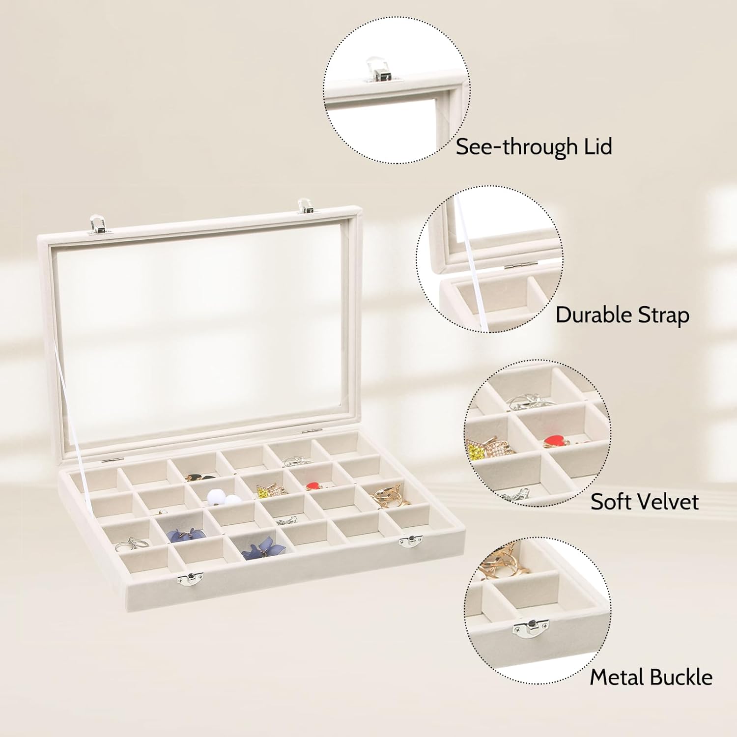 Stratalife Jewelry Organizer Jewelry Tray with Lid See-through Display Showcase Large Earring Organizer Velvet Storage Box for Earring Necklace Rings Dice Beige (24 Grids)