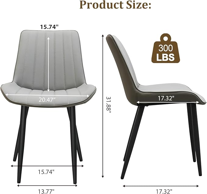 Dining Chairs Set of 2, Leather Modern Kitchen & Dining Room Chairs, Comfortable Upholstered Kitchen Chairs with Metal Legs Armless Side Chairs for Kitchen Restaurant, Light Grey & Dark Grey
