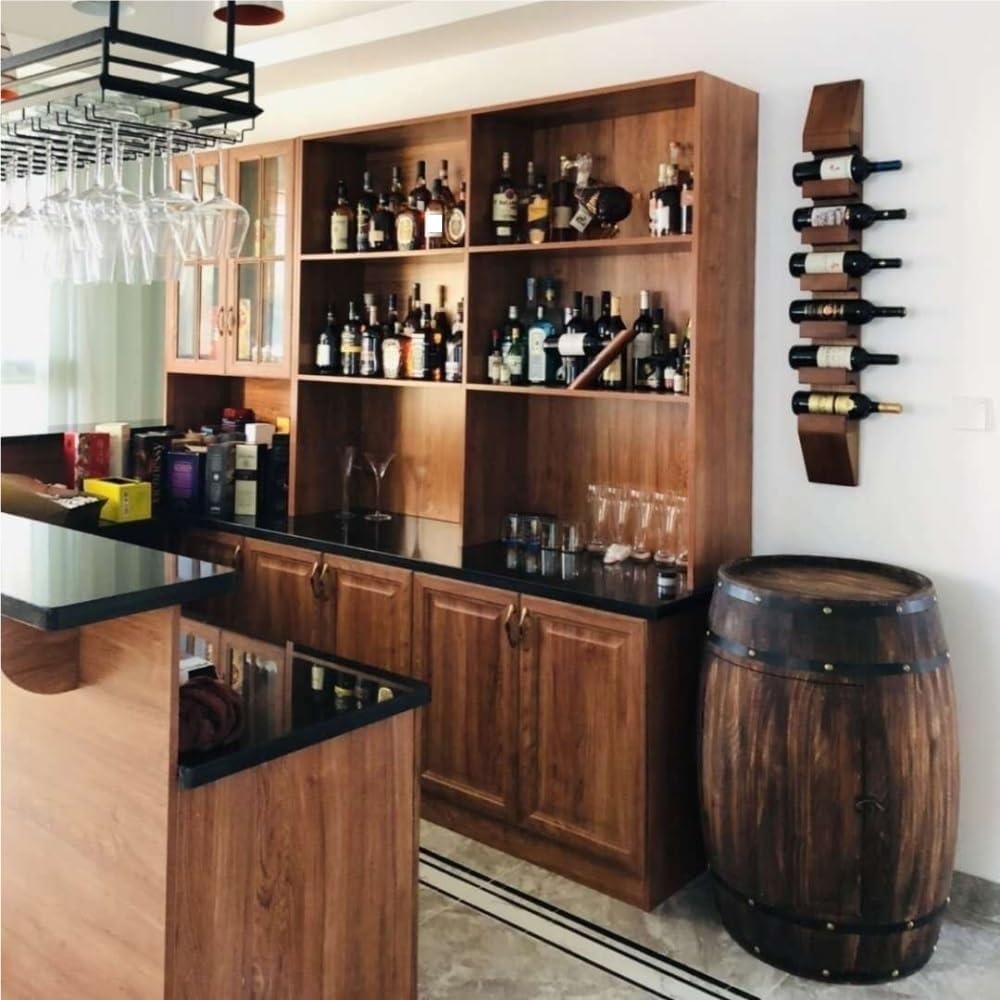 Wooden Barrel Table, Freestanding Whiskey Cabinet with Storage Shelves, Rusti...
