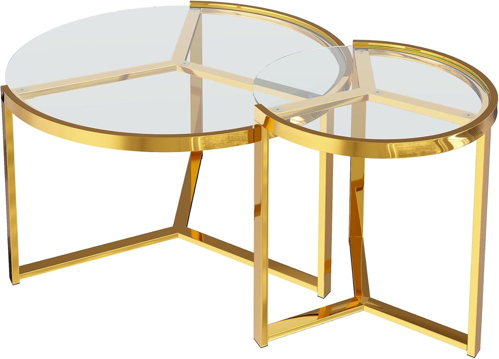 Glass Nesting Coffee Table Set with Metal Frame & Glam Design, Transparen...