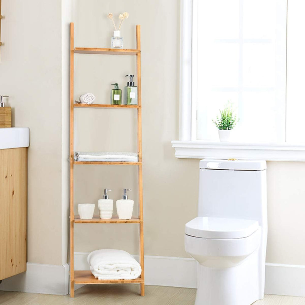 Tangkula Bamboo 5-Tier Ladder Shelf Bookshelf, Wall-Leaning Bookshelf, Plant ...