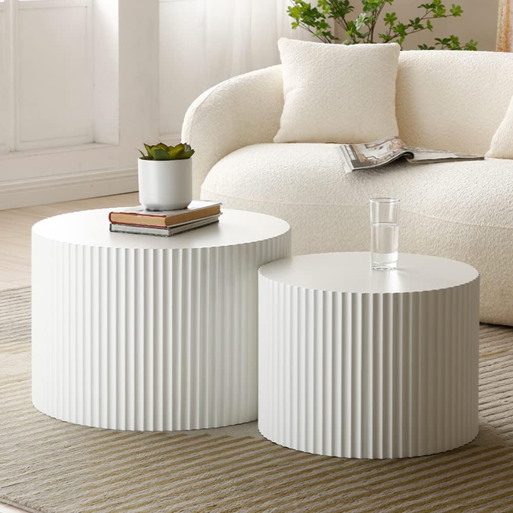 WILLIAMSPACE Black Round Nesting Coffee Table Set of 2, Modern Wooden Center Tables Accent End Tea Table for Living Room Apartment, No Need Assembly (White-Round)