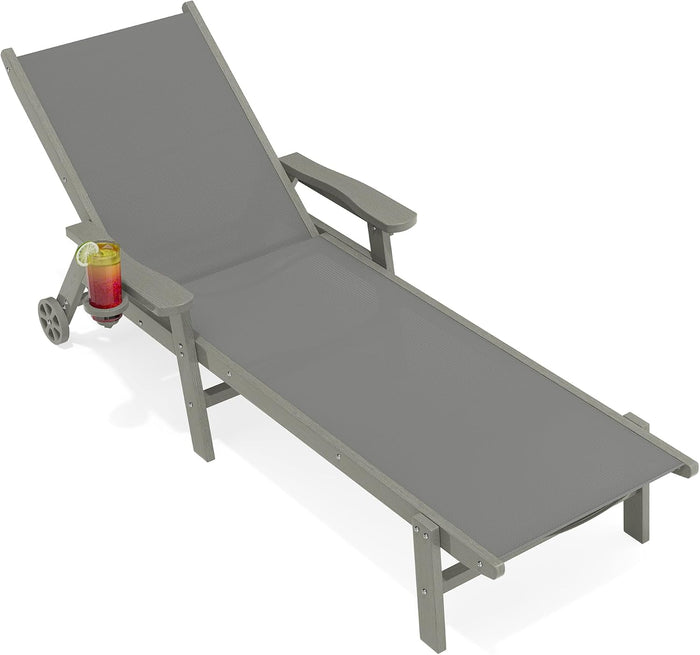 AreShark HDPE Patio Chaise Lounge Chair with Cup Holder and Wheels, Grey