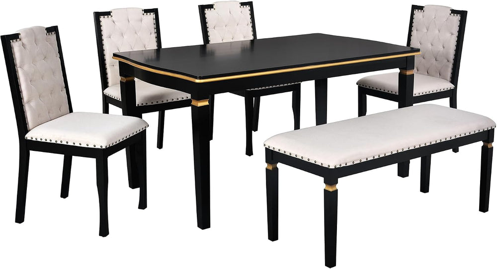 LUMISOL 6-Piece Farmhouse Dining Table Set, 60” Solid Wood Table, 4 Upholster...