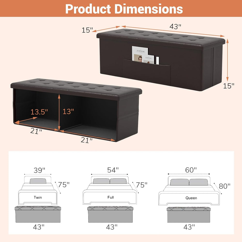 43 Inches Folding Storage Ottoman Bench, Foldable Foot Rest Stool End of Bed ...