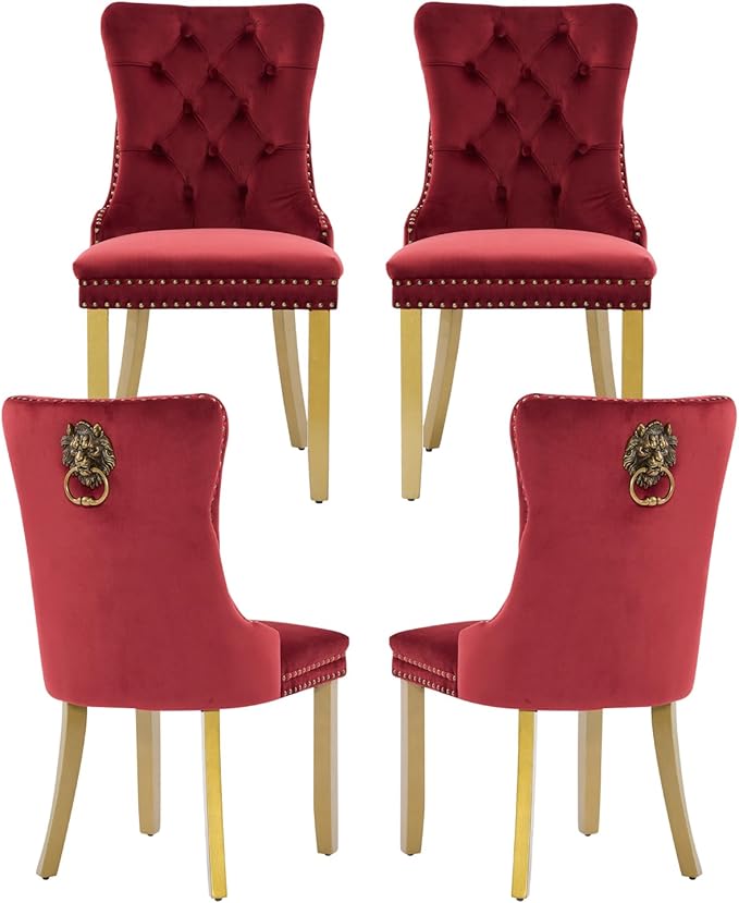 Velvet Dining Chairs Set of 4, Upholstered Dining Room Chairs with Lion Head Pulls Ring and Golden Solid Wood Legs, Modern Button Tufted Kitchen Chairs for Dining Room, Kitchen(Wine Red)
