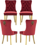 Velvet Dining Chairs Set of 4, Upholstered Dining Room Chairs with Lion Head Pulls Ring and Golden Solid Wood Legs, Modern Button Tufted Kitchen Chairs for Dining Room, Kitchen(Wine Red)
