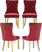 Velvet Dining Chairs Set of 4, Upholstered Dining Room Chairs with Lion Head Pulls Ring and Golden Solid Wood Legs, Modern Button Tufted Kitchen Chairs for Dining Room, Kitchen(Wine Red)
