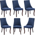 Linen Dining Chairs Set of 6,Comfy Fabric Upholstered Accent Chairs for Kitchen Living Room,Channel Tufted Dining Room Chairs with Curved Solid Wood Legs(Blue)