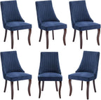 Linen Dining Chairs Set of 6,Comfy Fabric Upholstered Accent Chairs for Kitchen Living Room,Channel Tufted Dining Room Chairs with Curved Solid Wood Legs(Blue)