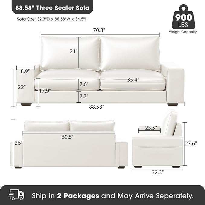 Faux Leather Couch, Mid Century Modern Comfy Loveseat Sofa with Wide Arm, Sid...