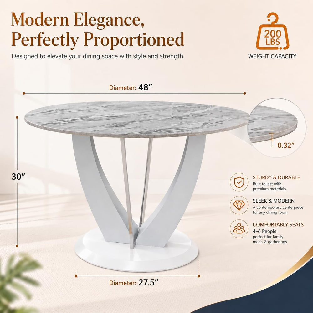 47" Grey Glass Round Dining Table Set for 4, Faux Marble Kitchen Table w...