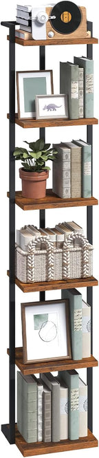 Bookshelf, 6-Tier Bookcase, Vertical Tall Narrow Book Shelf for Small Space, Open Storage Display Shelf with Stable Base & Anti-Tip Kits, for Living Room, Study, Rustic Brown BKHR11601