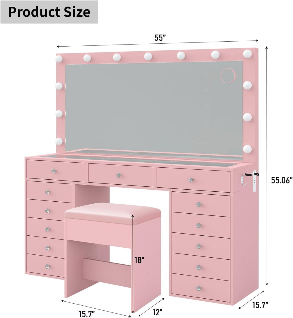 FUSOU Makeup Vanity with Power Outlet & Lighted Mirror, 13 Drawers Vanity...