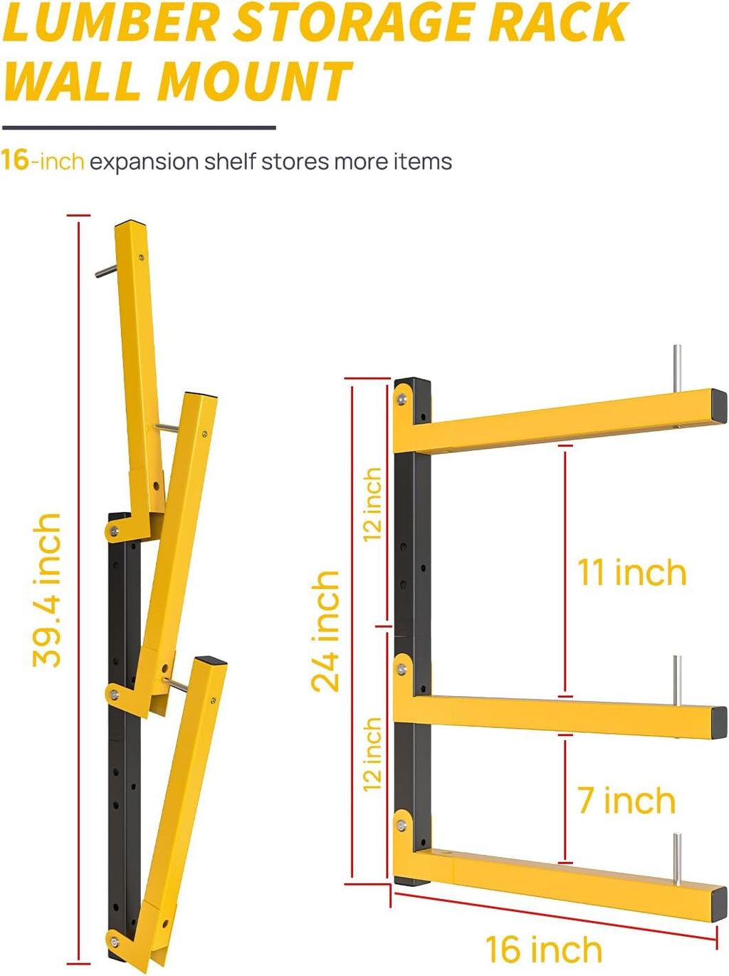 Lumber Rack Wall Mount Storage Racks Folding Wood Organizer Heavy Duty Shelf Brackets With 3-Level 360 Lbs Capacity Yellow Metal Utility Racks Garage Wall Shelving for Indoor and Outdoor Use (2 Pack)