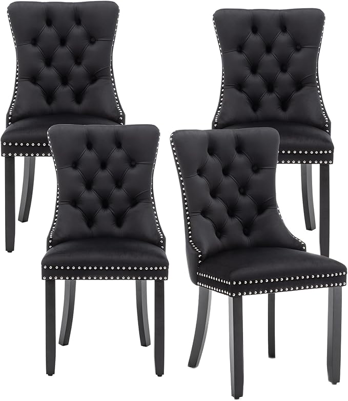 Velvet Dining Chairs Set of 4,Upholstered Dining Chairs with Ring Pull Trim and Button Back and Wood Legs, Modern Seating for Kitchen, Bedroom & Living Room(Black)