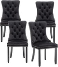 Velvet Dining Chairs Set of 4,Upholstered Dining Chairs with Ring Pull Trim and Button Back and Wood Legs, Modern Seating for Kitchen, Bedroom & Living Room(Black)