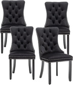 Velvet Dining Chairs Set of 4,Upholstered Dining Chairs with Ring Pull Trim and Button Back and Wood Legs, Modern Seating for Kitchen, Bedroom & Living Room(Black)