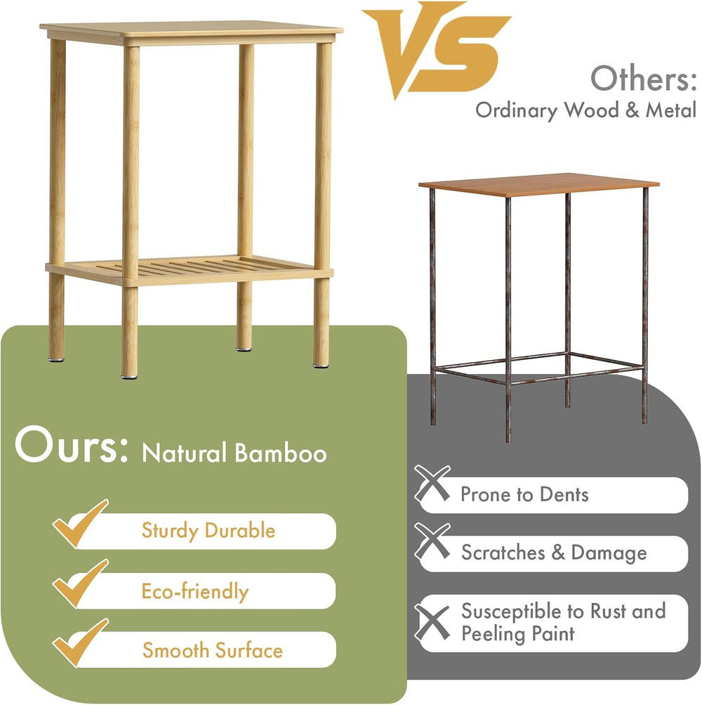 2 Tier Bamboo Narrow End Table, No Tool Assembly Bedroom Bedside Table, Small...