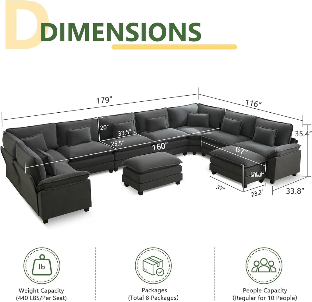 Oversized Modular Sectional Sofa Set, Convertible Deep Seat Cloud Couch with Ottoman, Large U Shaped Corner Couch with Throw Pillows for Living Room (Blue Grey, 10 Seater)