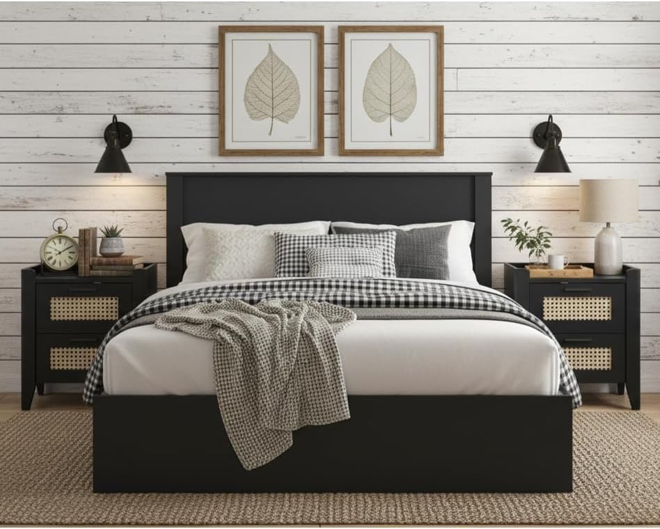 ELISA HOME Rattan-Inspired 2 Drawer Nightstand with Charging Station, Bedside...