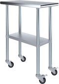 AmGood 30" x 15" Stainless Steel Work Table with Casters | Heavy Duty Metal Utility Table On Wheels | Kitchen Island Cart