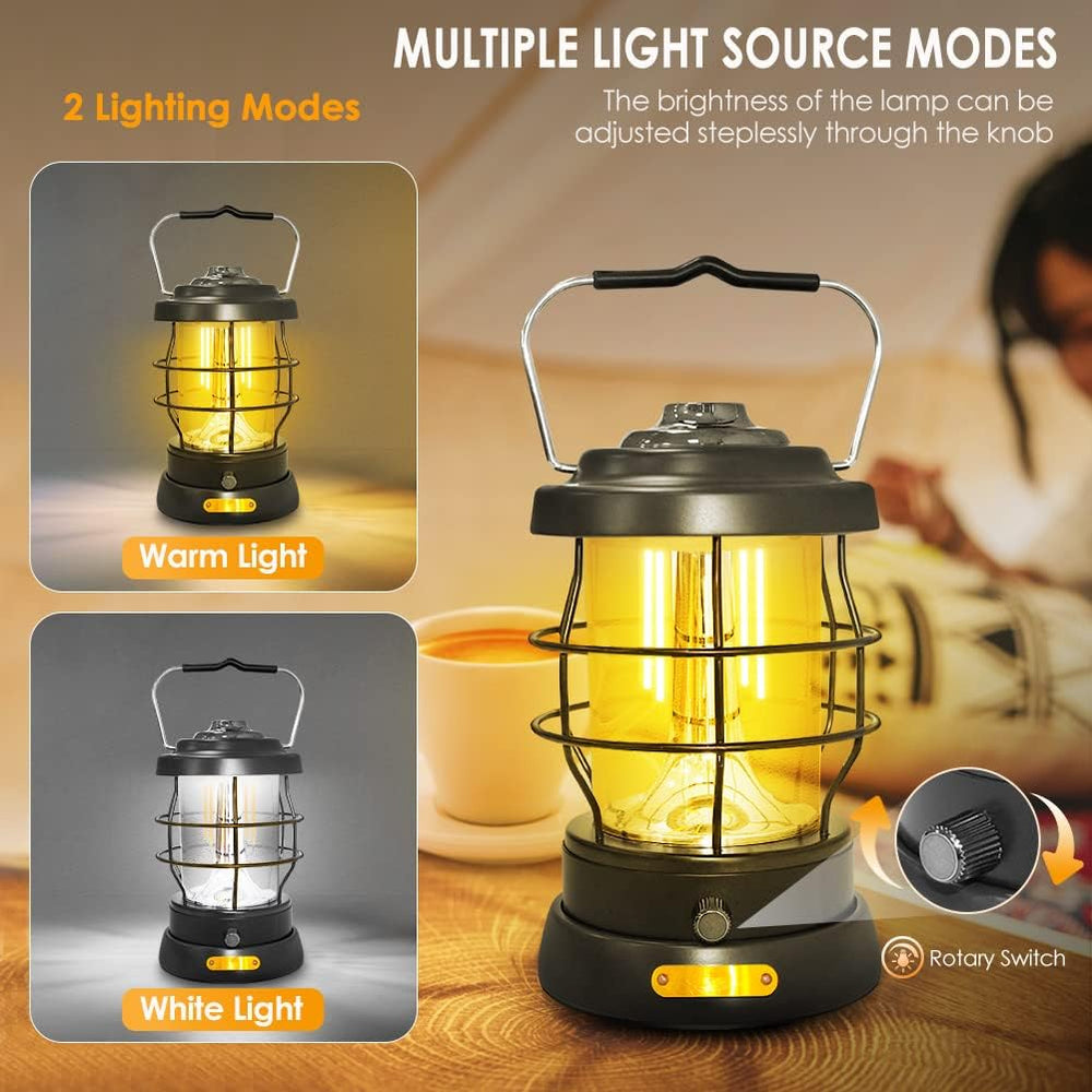 Retro Camping Lantern Rechargeable 1500LM 2 Modes Dimmable,Portable Electric ...