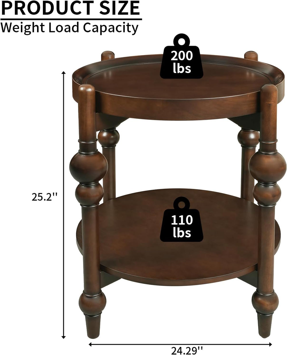 23" Round End Table with Solid Wood Frame, Small Side Table with Wood Sh...