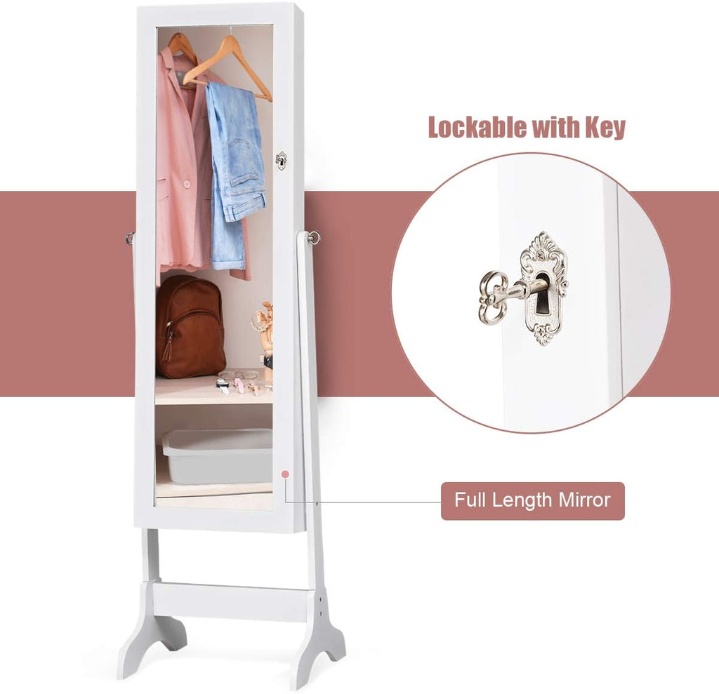 WATERJOY Jewelry Organizer with Full Body Standing Mirror Jewelry Holder Storage 4 Angle Adjustable Lockable Jewelry Cabinet Jewelry Armoire