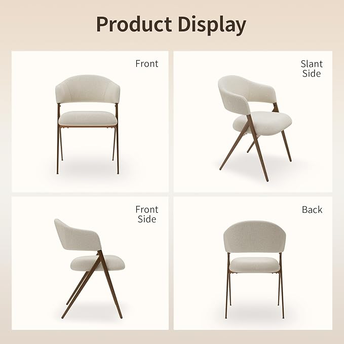 Dining Room Chairs Set of 6, Upholstered Dining Room Chairs, Mid Century Fabric Kitchen Chairs with Curved Backrest and Metal Legs, Beige