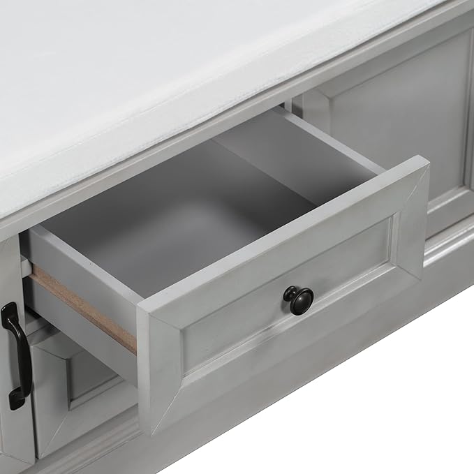 42″ Storage Bench with 2 Drawers and 2 Cabinets，Multipurpose Entryway Shoe Rack W/Removable Cushion，for Living Room Hallway Porch,Gray Wash